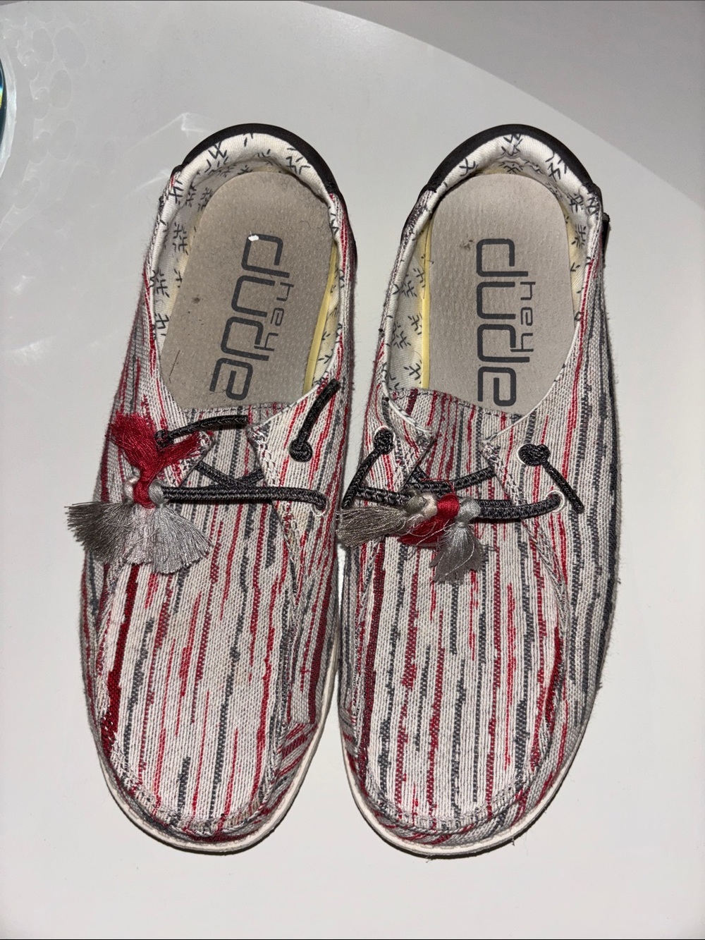 Hey Dude Women’s Red, Gray & Black Striped Slip-On Moccasins